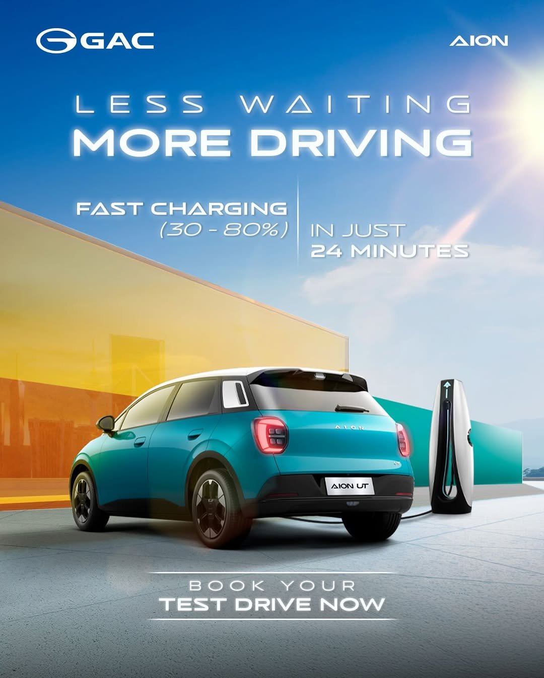 Why wait when you can drive___AION UT offers up to 500 km range and fast-charging from 30 - 80_ in just 24 minutes. Equipped with V2L power support_ it_s re(